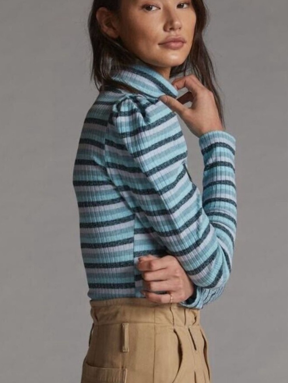 Maeve by Anthropologie Puff-Sleeve Blue Striped Turtleneck Top XL Soft Ribbed